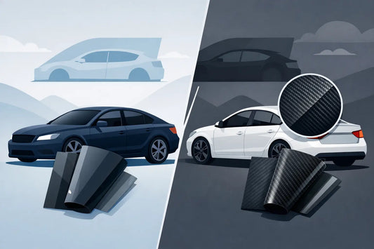 Infärgad solfilm jämfört med carbon för bilen