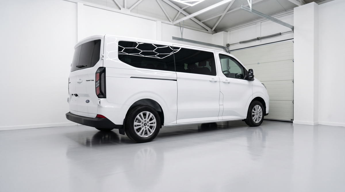 Färdigskuren solfilm Ford Transit Custom L2 LWB 1-door side double tailgates 2023-2026